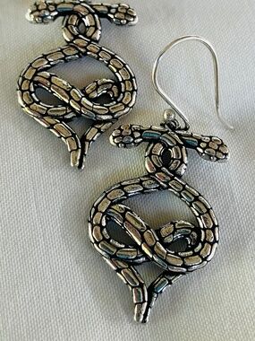New Silver Toned Textured Conjoined Snake Dangle & Drop Earrings